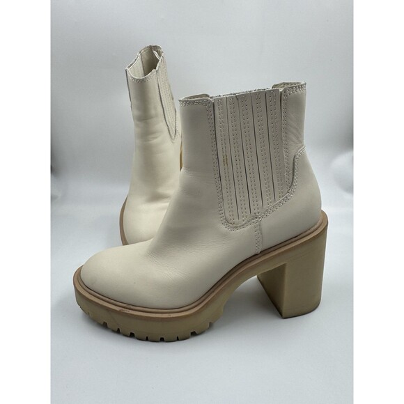 Dolce Vita Women’s Caster Waterproof Leather Boots, Beige Heeled Booties Sz 6.5 - Picture 1 of 16